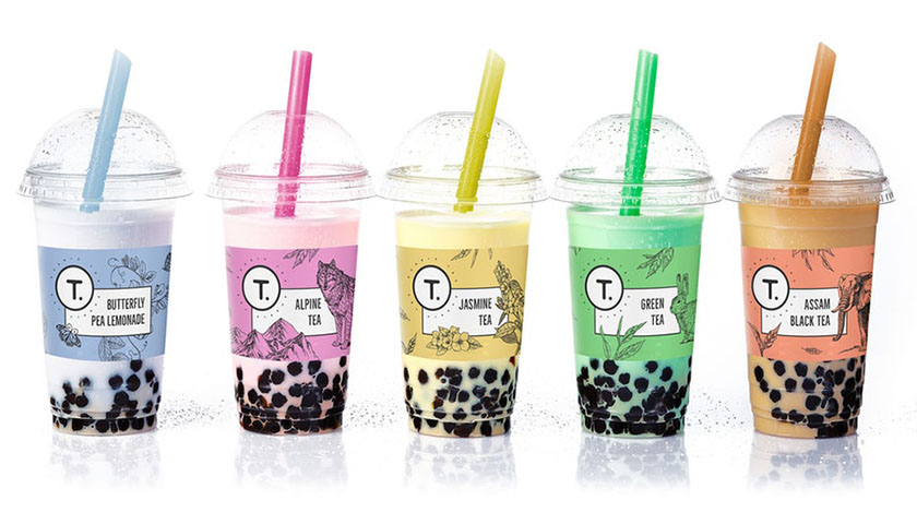 有機和天然飲料logo設計-Mila Katagarova在杯裝飲料包裝設計中采用了粉彩插圖，底部設計中泡泡茶與氣泡圖像和顏色相遇