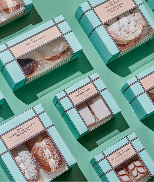 Booths蛋糕和布丁系列食品包裝設計，源自20世紀裝飾藝術靈感
