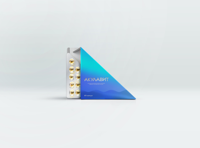 AKULAVIT 鯊魚肝脂保健品包裝設計，源自鯊魚鰭的圖形元素