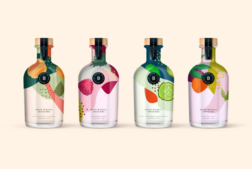 創新的風味杜松子酒包裝設計，充滿活力的彩墨風格