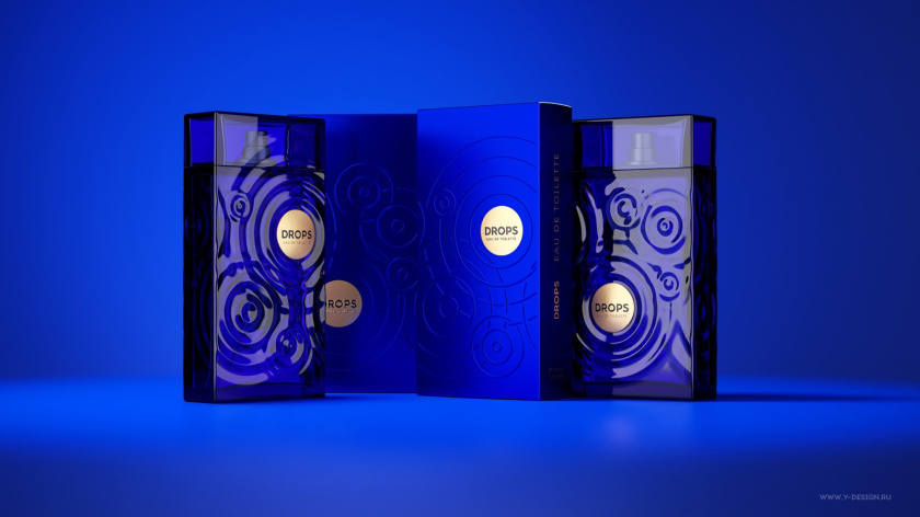 夢幻的DROPS香水包裝設計和水波蕩漾的藍色香水瓶形設計