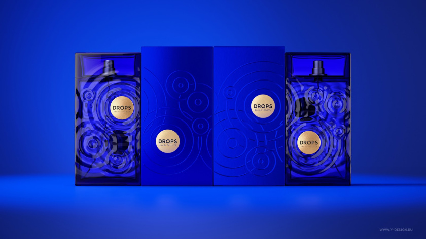 夢幻的DROPS香水包裝設計和水波蕩漾的藍色香水瓶形設計
