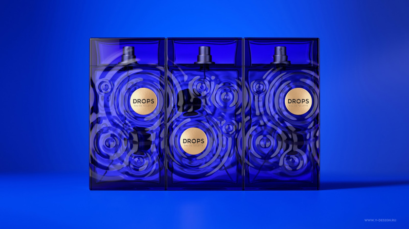 夢幻的DROPS香水包裝設計和水波蕩漾的藍色香水瓶形設計