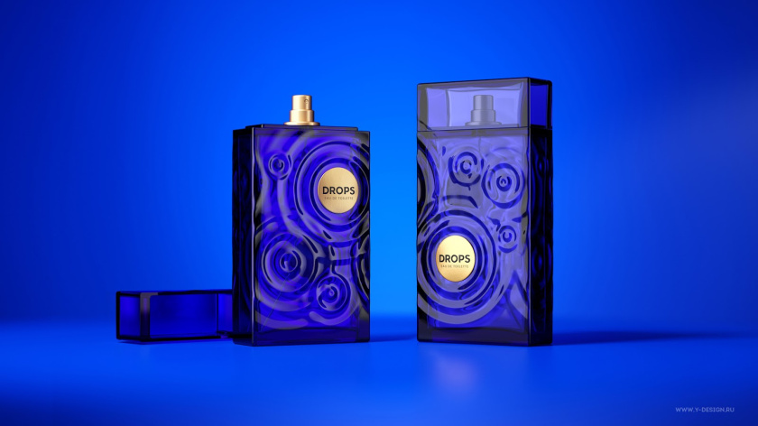 夢幻的DROPS香水包裝設計和水波蕩漾的藍色香水瓶形設計
