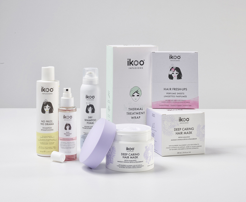 ikoo 頭發護理護發產品包裝設計，一個女性頭部的插畫成為包裝的亮點