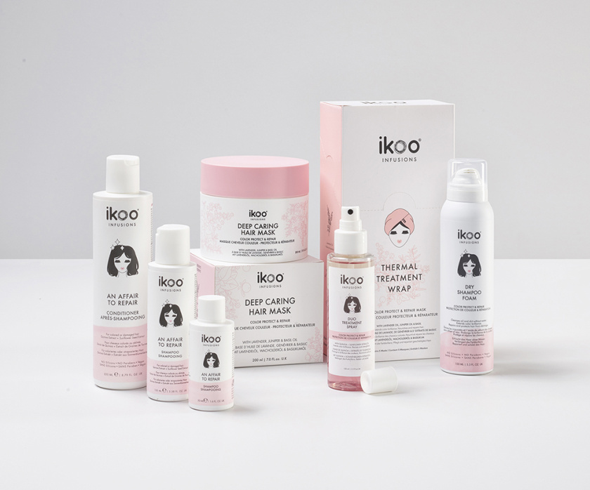 ikoo 頭發護理護發產品包裝設計，一個女性頭部的插畫成為包裝的亮點