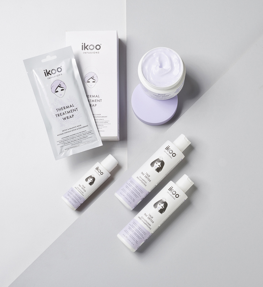 ikoo 頭發護理護發產品包裝設計，一個女性頭部的插畫成為包裝的亮點