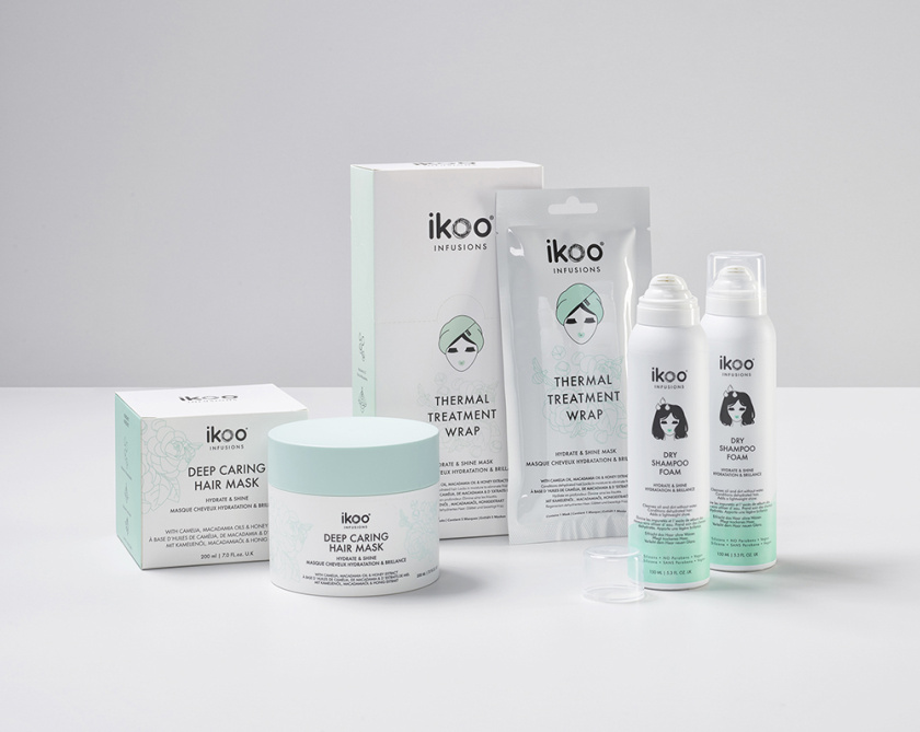 ikoo 頭發護理護發產品包裝設計，一個女性頭部的插畫成為包裝的亮點