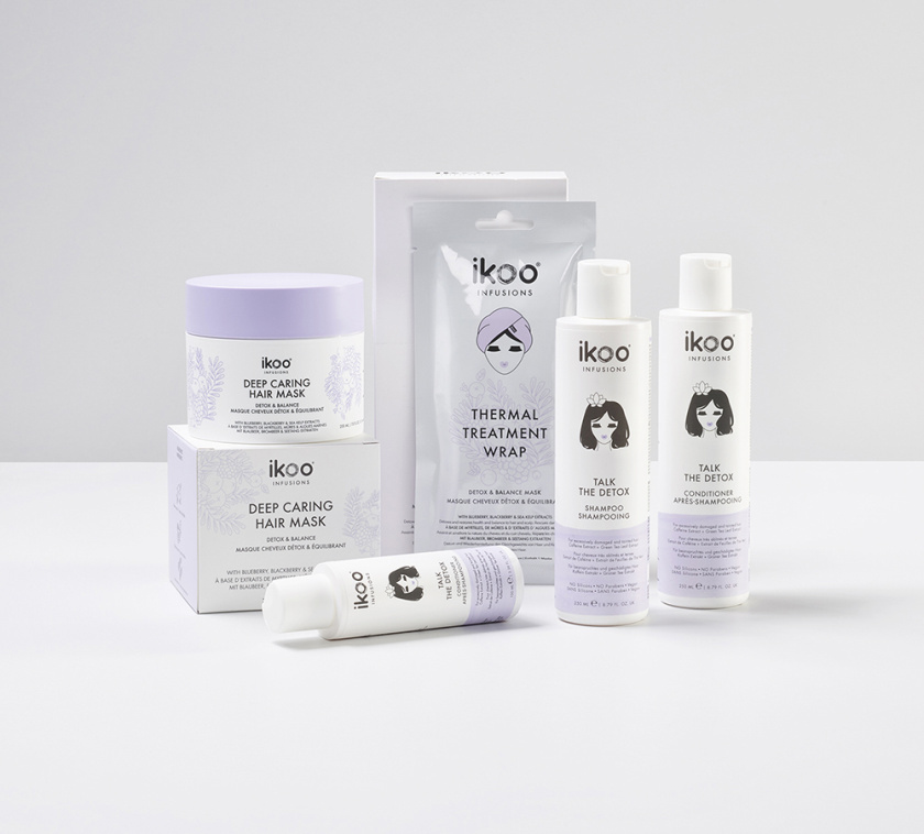 ikoo 頭發護理護發產品包裝設計，一個女性頭部的插畫成為包裝的亮點