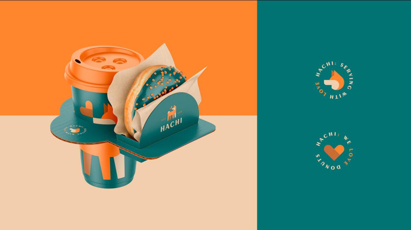 Hachi 咖啡店logo設計”矢量狗狗圖形“與咖啡包裝設計”完美的配色“