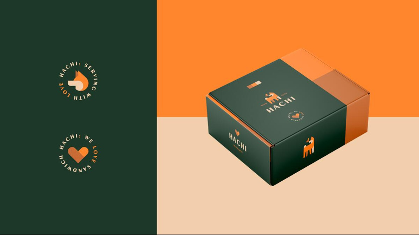 Hachi 咖啡店logo設計”矢量狗狗圖形“與咖啡包裝設計”完美的配色“