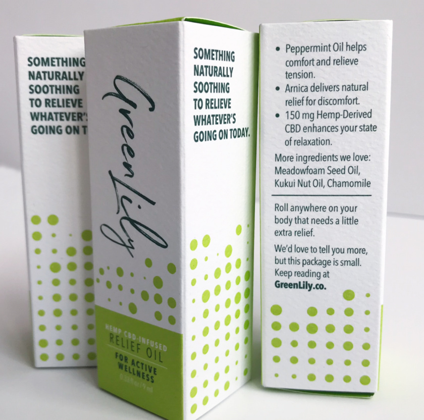 Green Lily綠百合舒緩按摩精油包裝設計，清新的綠色圓點