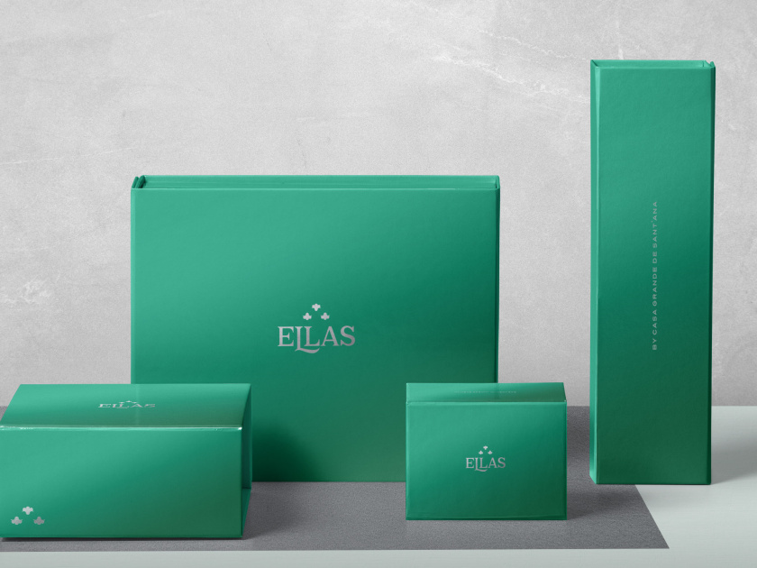 ELLAS珠寶品牌logo設計與品牌vi形象設計，三個花朵徽章