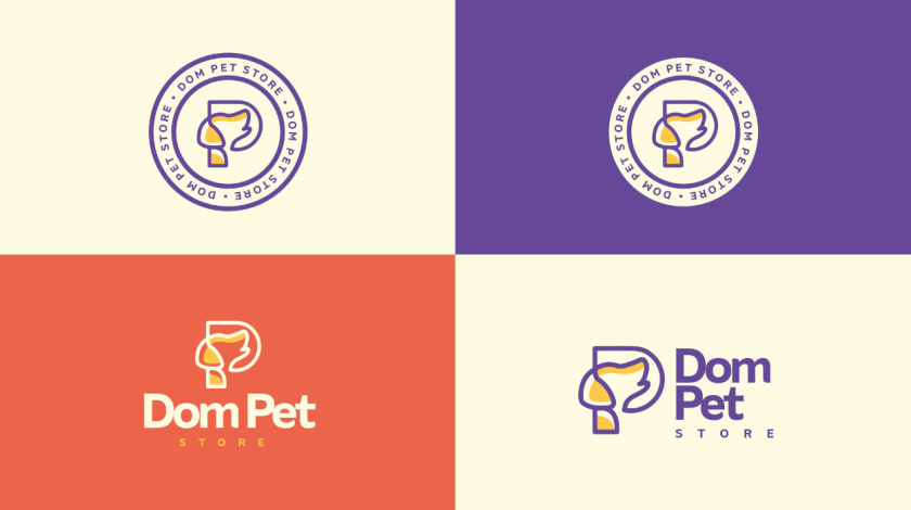 Dom Pet Store 寵物食品專賣店品牌logo設計vi設計，首字母+狗頭線條logo