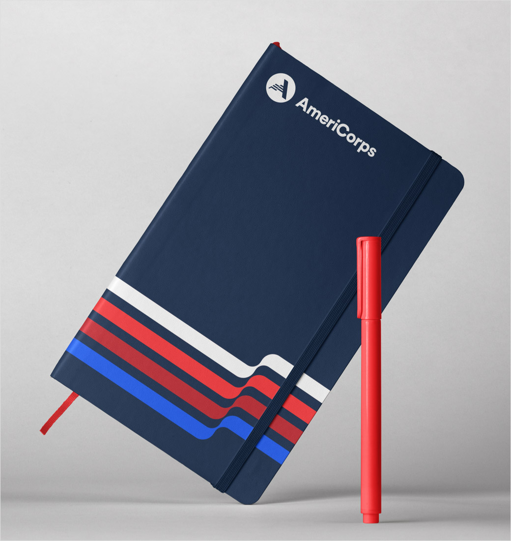 AmeriCorps 美國國家社區服務公司品牌logo設計與vi設計，字母A+美國國旗