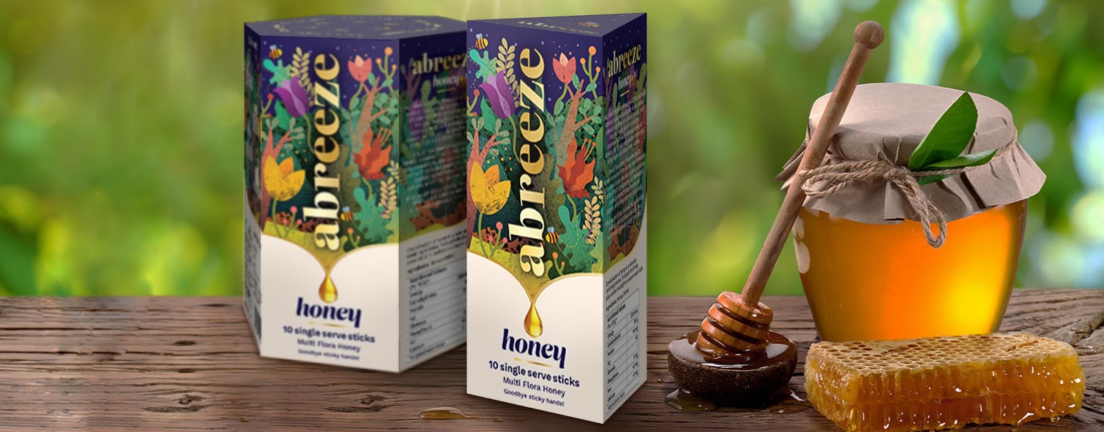 Abreeze 多花蜂蜜包裝設計，展現蜜蜂采集花蜜過程插畫