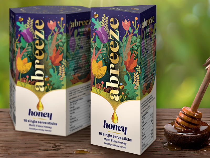 Abreeze 多花蜂蜜包裝設計，展現蜜蜂采集花蜜過程插畫