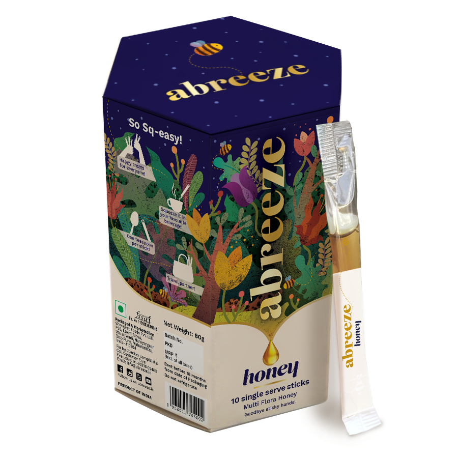 Abreeze 多花蜂蜜包裝設計，展現蜜蜂采集花蜜過程插畫