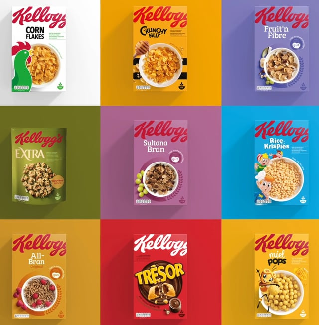 凱洛格早餐桌主食品牌包裝設計，簡約風格突出品牌logo與自然谷物