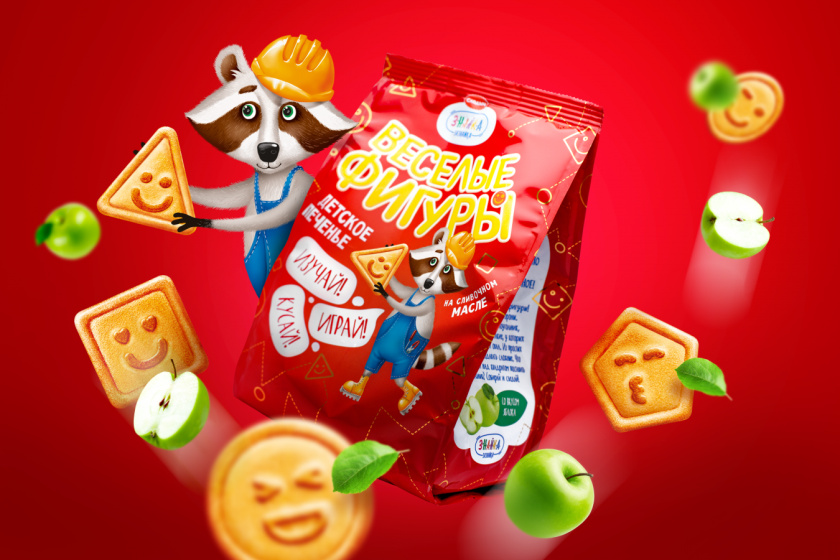 Znayka兒童食品品牌包裝設計，歡快的浣熊Yasha吉祥物設計