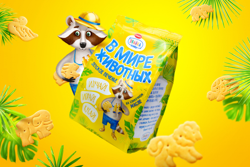 Znayka兒童食品品牌包裝設計，歡快的浣熊Yasha吉祥物設計