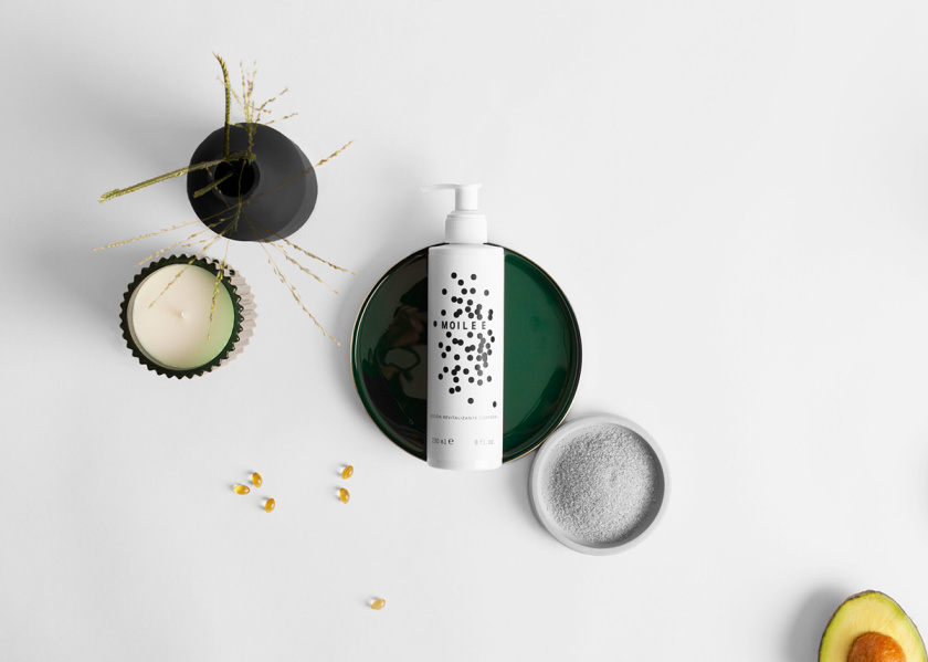 Moilee 化妝護膚品品牌命名與包裝設計，描繪皮膚細胞分子視圖