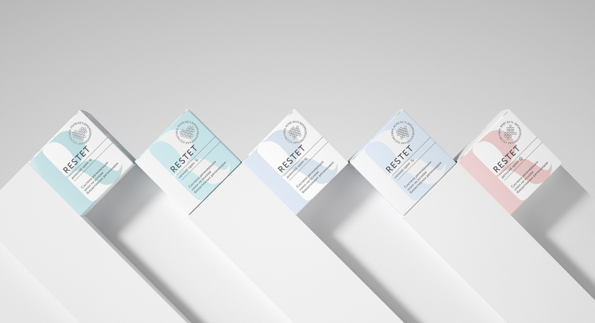Restet醫美化妝品包裝設計，字母R+動態圓點元素