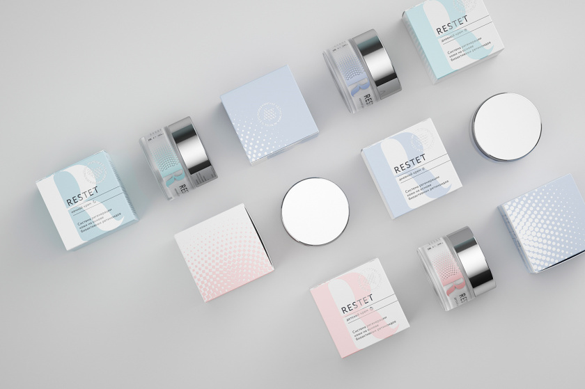 Restet醫美化妝品包裝設計，字母R+動態圓點元素