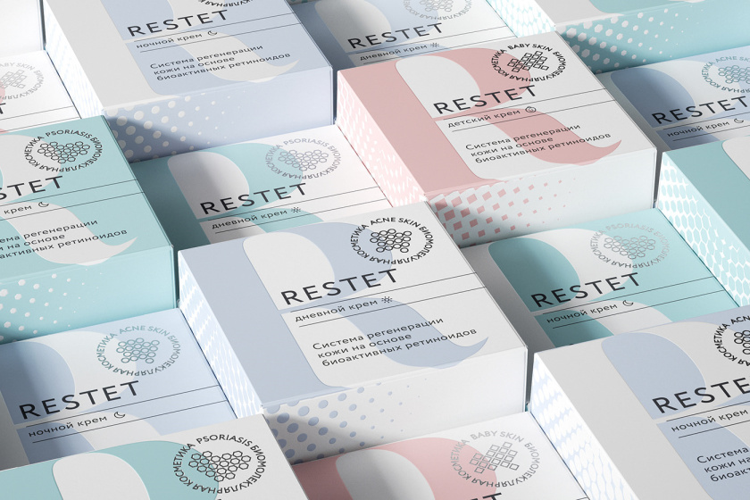 Restet醫美化妝品包裝設計，字母R+動態圓點元素