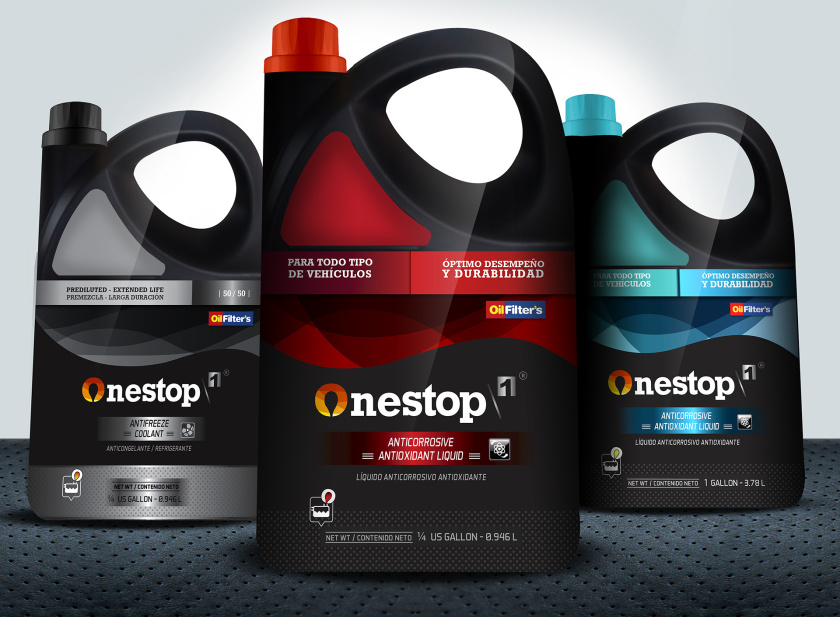 OneStop 汽車潤(rùn)滑油包裝設(shè)計(jì)，動(dòng)態(tài)漸變色塊風(fēng)格