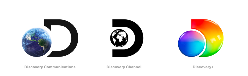 Discovery+探索電視節目頻道品牌logo設計，光譜色幾何D和一個圓的結合