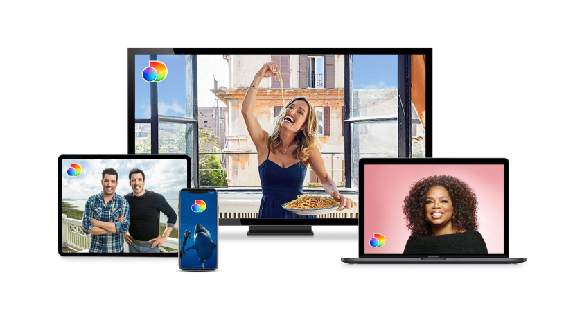 Discovery+探索電視節目頻道品牌logo設計，光譜色幾何D和一個圓的結合