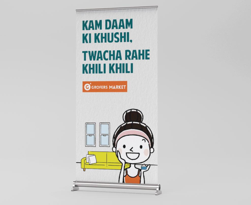 Grofers Market 食品超市品牌vi形象設計與輕松快樂的人物購物插畫設計