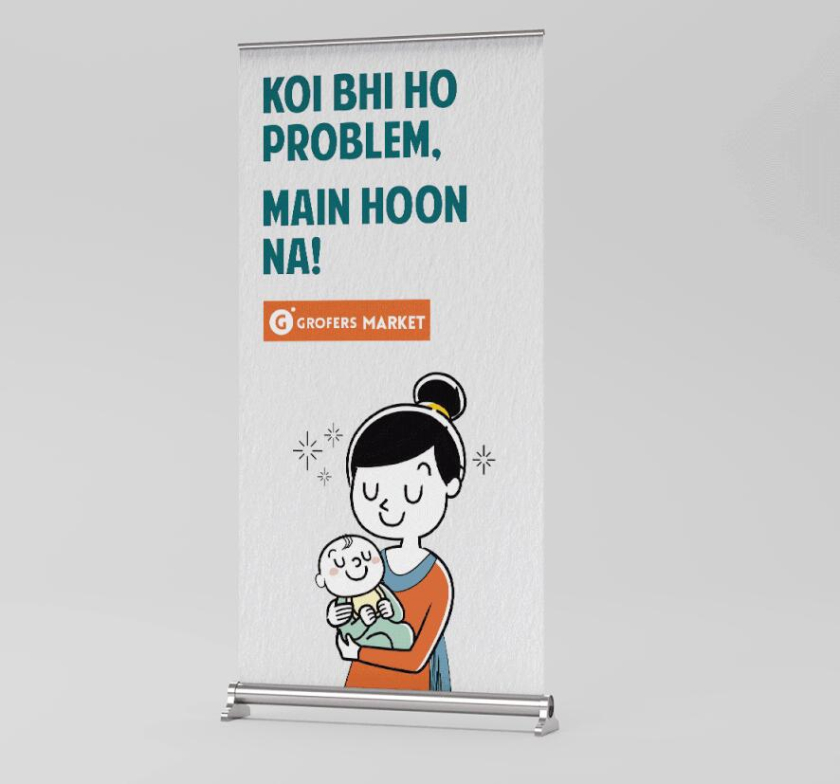 Grofers Market 食品超市品牌vi形象設計與輕松快樂的人物購物插畫設計