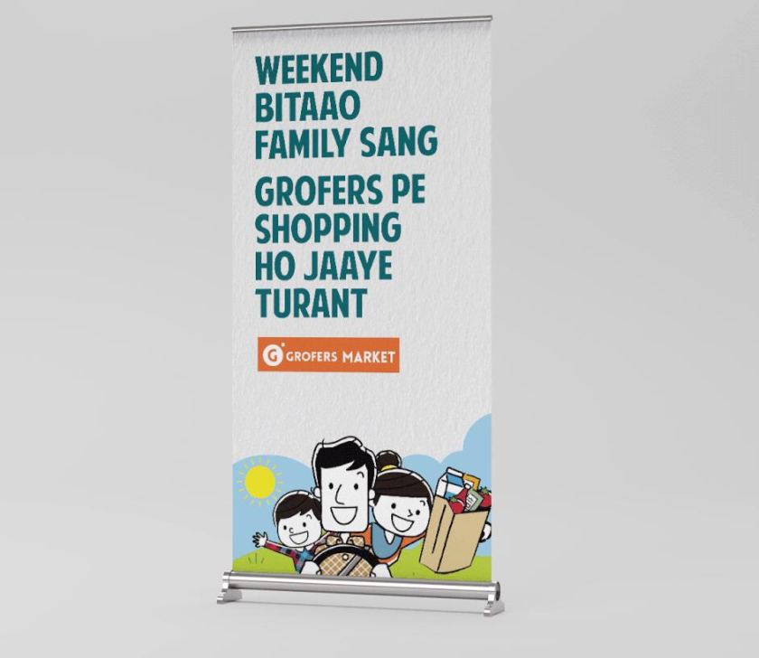 Grofers Market 食品超市品牌vi形象設計與輕松快樂的人物購物插畫設計