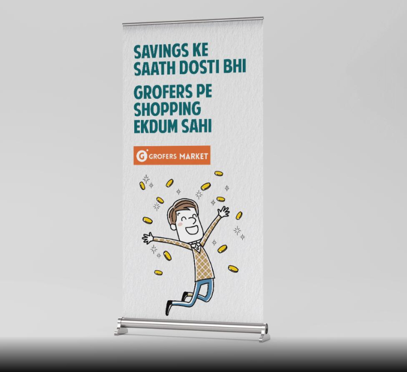 Grofers Market 食品超市品牌vi形象設計與輕松快樂的人物購物插畫設計