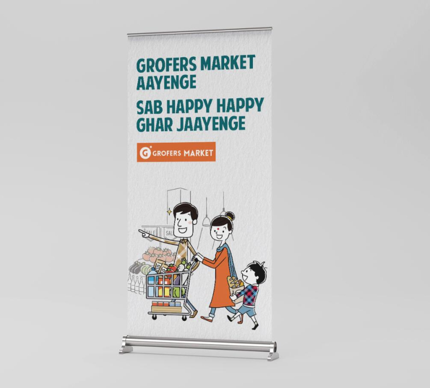 Grofers Market 食品超市品牌vi形象設計與輕松快樂的人物購物插畫設計