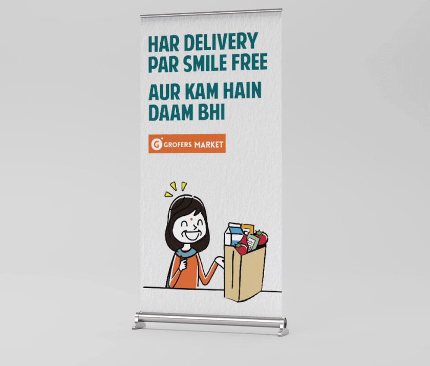 Grofers Market 食品超市品牌vi形象設計與輕松快樂的人物購物插畫設計
