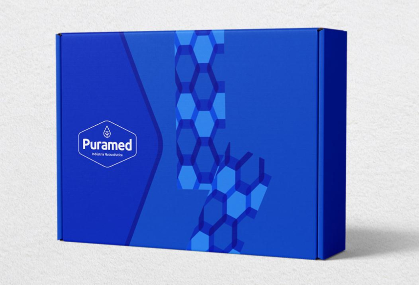 Puramed食品營養補充劑制造企業公司logo設計vi設計，相互嵌套六邊形輔助圖形設計