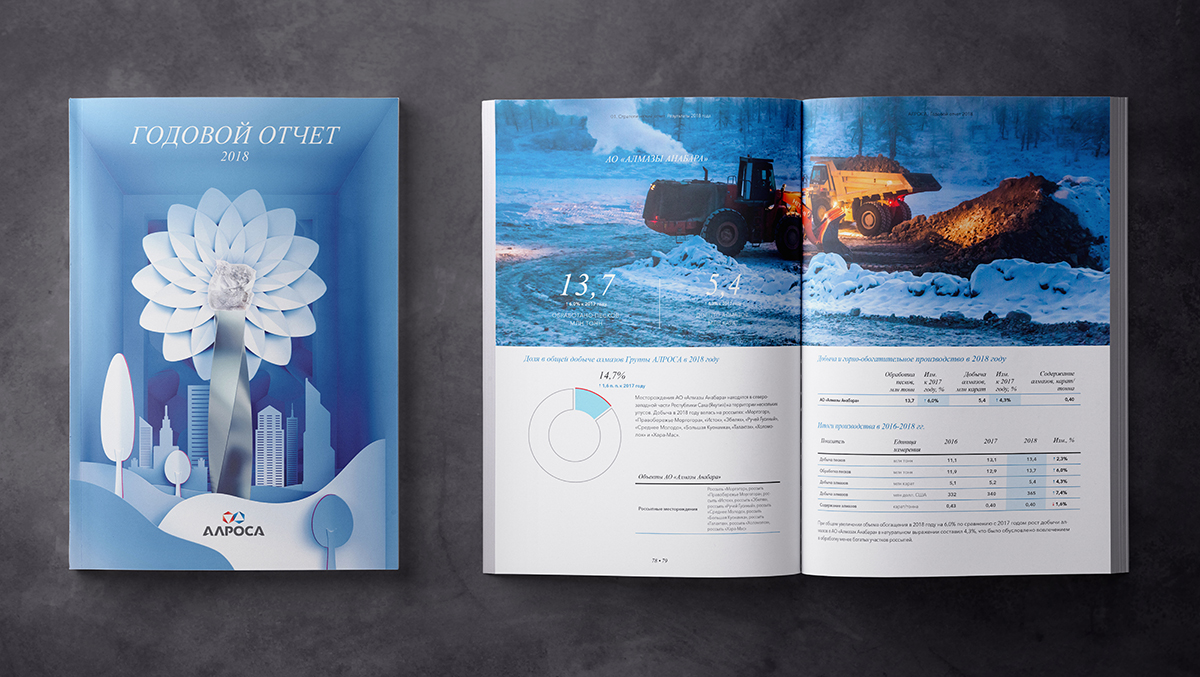 ALROSA珠寶年度報告畫冊設計，由珠寶模擬構建的建筑畫面