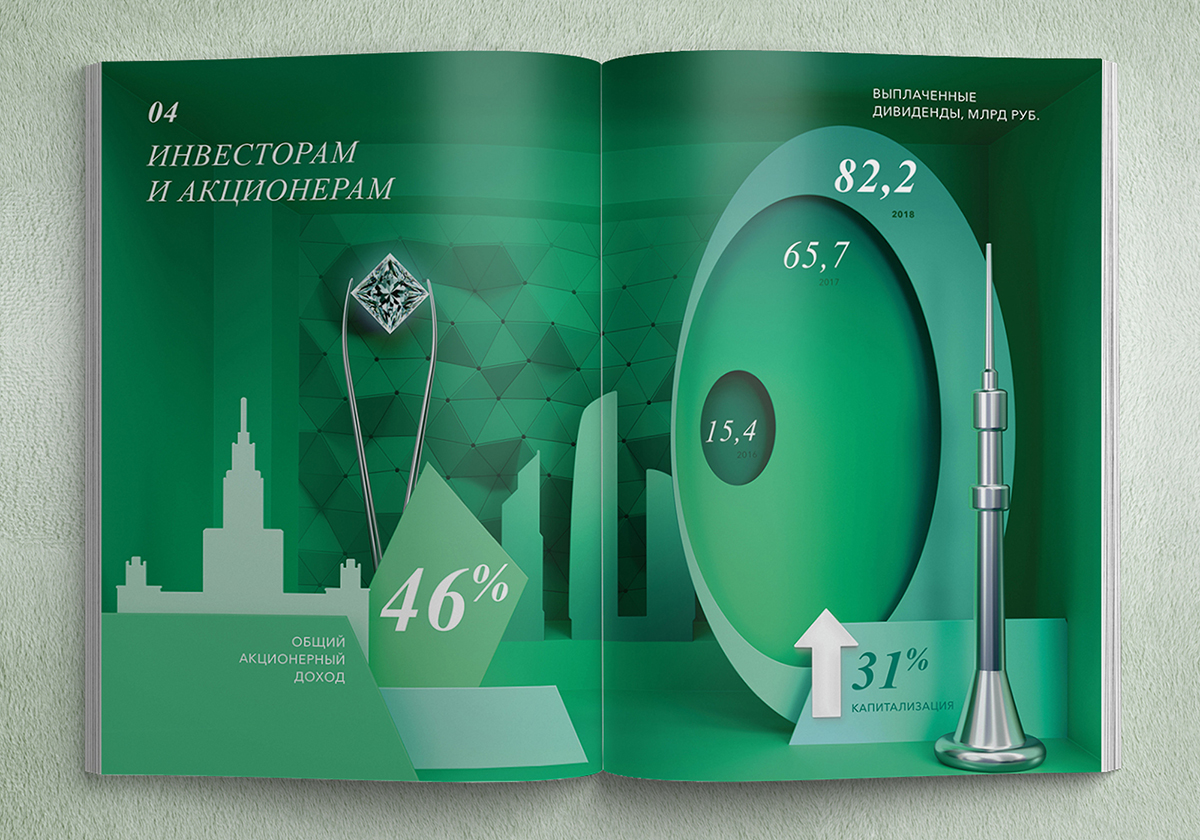 ALROSA珠寶年度報告畫冊設計，由珠寶模擬構建的建筑畫面