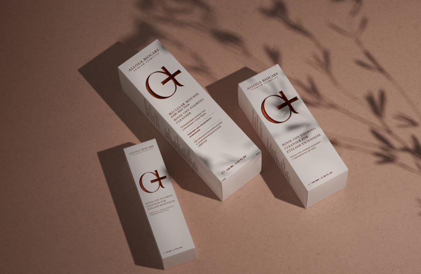 Alloga Biocare高端化妝品包裝設(shè)計(jì)，古銅色“a+”連字形成醫(yī)學(xué)和美學(xué)關(guān)系視覺符號(hào)