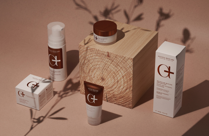 Alloga Biocare高端化妝品包裝設(shè)計(jì)，古銅色“a+”連字形成醫(yī)學(xué)和美學(xué)關(guān)系視覺符號(hào)
