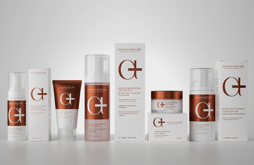 Alloga Biocare高端化妝品包裝設(shè)計(jì)，古銅色“a+”連字形成醫(yī)學(xué)和美學(xué)關(guān)系視覺符號(hào)