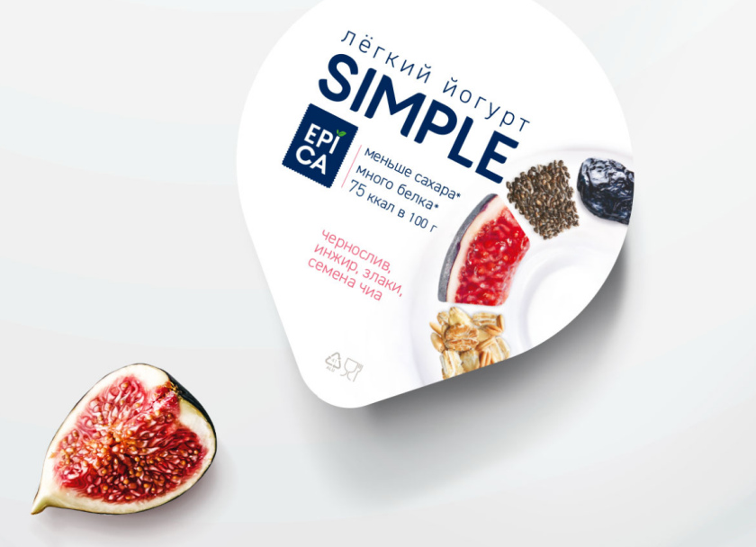 Epica Simple 低糖酸奶包裝設計，酸奶添加的谷物及水果顆粒，組成O字符號