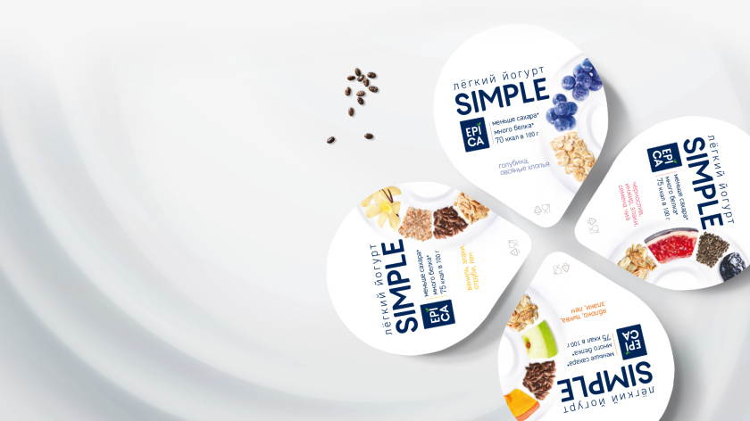 Epica Simple 低糖酸奶包裝設計，酸奶添加的谷物及水果顆粒，組成O字符號
