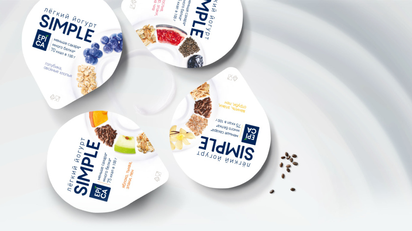 Epica Simple 低糖酸奶包裝設計，酸奶添加的谷物及水果顆粒，組成O字符號