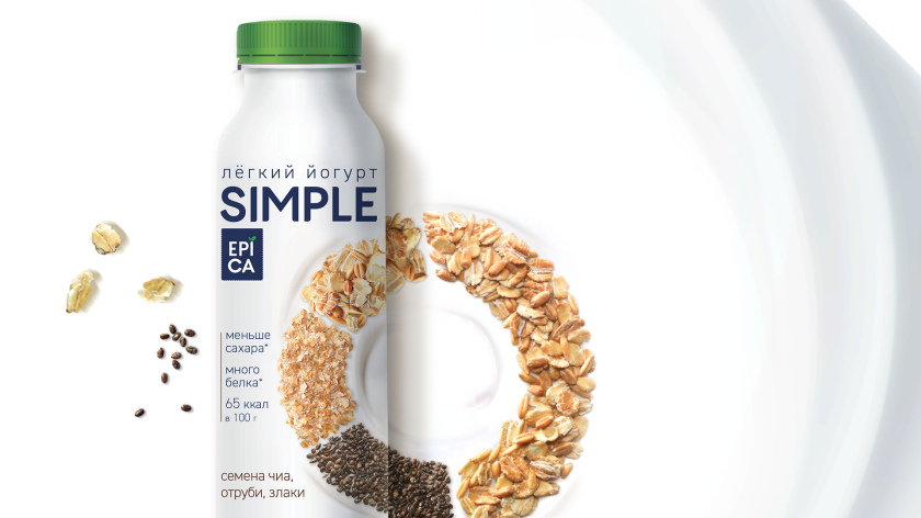 Epica Simple 低糖酸奶包裝設計，酸奶添加的谷物及水果顆粒，組成O字符號