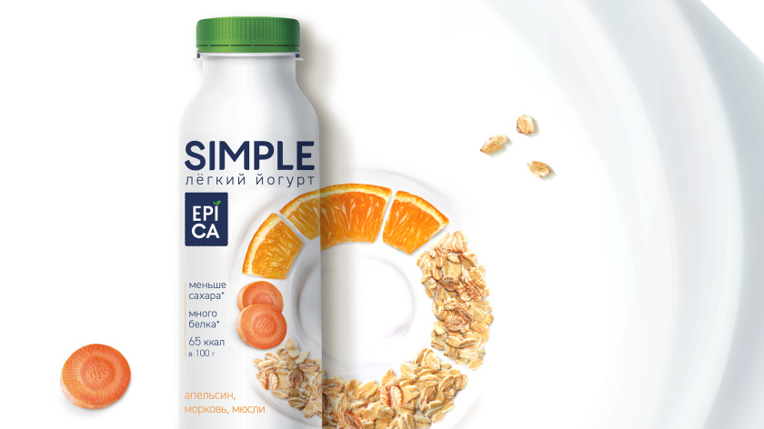 Epica Simple 低糖酸奶包裝設計，酸奶添加的谷物及水果顆粒，組成O字符號