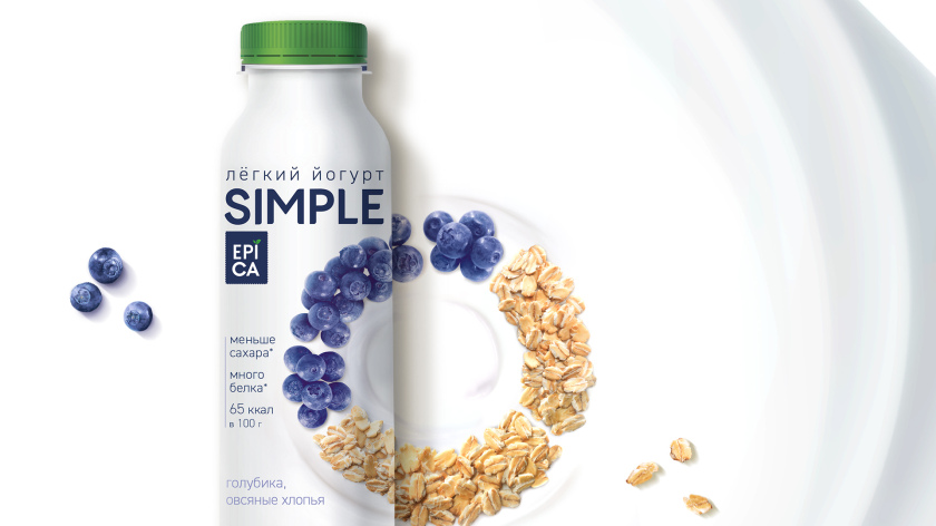 Epica Simple 低糖酸奶包裝設計，酸奶添加的谷物及水果顆粒，組成O字符號
